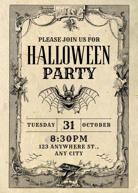 Halloween Party Editable Template. Whether you would like this to be a digital invitation or a physical one, this template has everything you need for a spooky Halloween party. By purchasing, you understand this is a digital file. You will be send a PDF, which contains the link to edit and send out this Invitation. Be the talk of your friends, and throw the best Halloween party yet, by starting off with this invitation. Vintage Halloween Party Invitations, Adult Halloween Invitations, Spooky Dinner, Halloween Invitation Template, Halloween Party Dinner, Invitation Halloween, Halloween Templates, Cute Birthday Ideas, Halloween Party Invitation