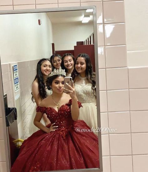 Court goals ✨, dama mirror picture taken with this cute off to shoulder burgundy quinceañera✨ | Quince dresses, Sweet 15 dresses, Quincenera dresses Red And Gold Quinceanera Theme Table, Wine Red Quinceanera Dresses, Damas Outfits Quinceanera, Quince Court Outfits, Quinceanera Damas, Red Quince Dress, Red Quinceanera Ideas, Quince Planning, Burgundy Quinceanera Dresses