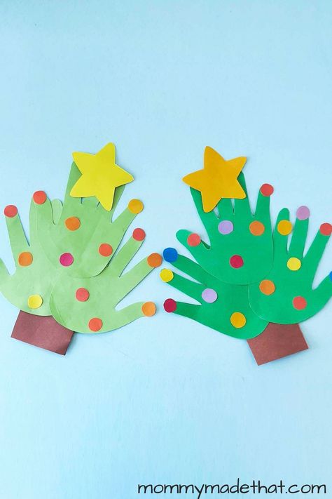 Handprint Christmas Tree Craft for Kids Tree Topper Crafts For Kids, Toddler Christmas Tree Crafts, Christmas Tree Crafts Preschool, Christmas Tree Handprint, Handprint Christmas Tree, Christmas Tree Craft, Weather Crafts, Handprint Christmas, Preschool Bulletin