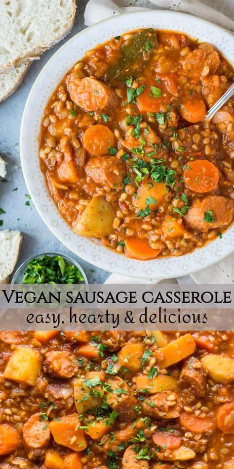 sausage casserole pinterest image Vegetarian Sausage Casserole, Vegan Curried Sausages, Veggie Sausage Casserole, Vegan Sausage Stew, Vegan Sausage Casserole, Recipes With Vegan Sausage, Veg Casserole, Vegan Sausage Recipe, Spinach Lentil