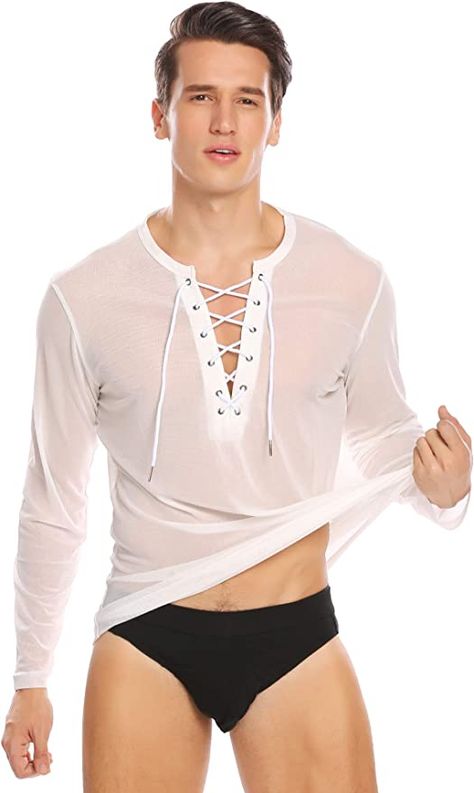 Amazon.com: COOFANDY Mens Sexy Lace up See Through Long Sleeve T Shirt Mesh Undershirts, White, Large: Clothing, Shoes & Jewelry Ruffle Shirts Blouses, Lace Up T Shirt, Fancy Shirt, Reference Pics, Hippie T Shirts, Laced Up Shirt, Mesh Shirt, Floral Shirt Dress, Mesh Long Sleeve