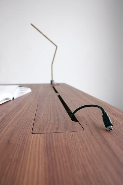 Office Desk Cable Hole, Built In Desk Cord Management, Office Table Home, Desk Cable Hole, Smart Desk Design, Desk With Cable Management, Smart Office Table, Table Desk Ideas, Working Desk Design