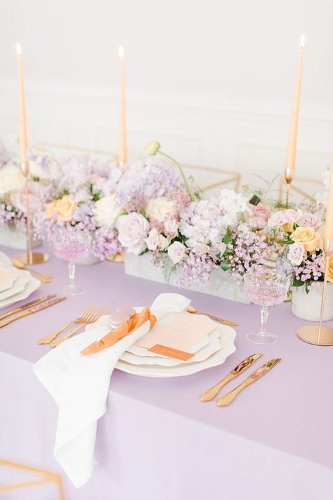 Lilac and Peach Regal Wedding Inspiration — Olive & Millicent Wedding Cake Peach, Floating Centerpieces, Wisteria Wedding, Regal Wedding, Peach Candle, Floral Umbrellas, Lady Whistledown, Peach Party, Lilac Wedding