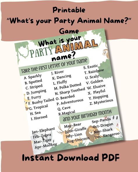 Make your party roar with laughter with our "What's Your Party Animal Name?" game! 🐾 Looking for a fun icebreaker or activity to entertain guests at your party? Look no further than our Party Animal Name game! Guaranteed to get everyone giggling and engaged, this game is perfect for kids and adult birthday parties and get-togethers. 🎈 What's included: High-quality printable PDF file, size 8x10 inches for easy framing Colorful and whimsical game cards with animal-themed name combinations Simple Animal Birthday Party Games, Animal Party Games, Fun Icebreakers, Animal Name, Name Game, Youth Games, Class Games, Party Names, Birthday Party Crafts