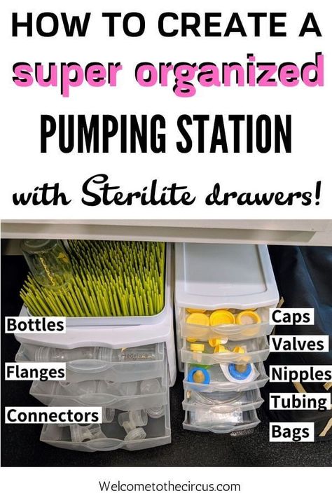 Learn how to easily organize your breastpump parts and pieces! Breastpump organization tips for breastfeeding moms to save time and set up a pump station at home. #pumping #organization #breastpumporganization #pumpingtips #newmoms #organization #fourthtrimester #breastfeedingtips #momhacks Pumping Organization Kitchen, How To Organize Bottles, Breastpump Organization, Bottle Cleaning Station, Breast Pump Storage Ideas, Breast Pump Organization, Bottle Organization Kitchen, Pumping Organization, Pump Cart