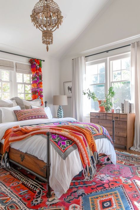 Rainbow Boho Bedroom, Colorful Rug Bedroom, Colorful Rugs Bedroom, Bedroom Ideas Inspiration, Boho Bedroom Ideas, Boho Style Bedroom, Rainbow Boho, Statement Furniture, Magical Rainbow