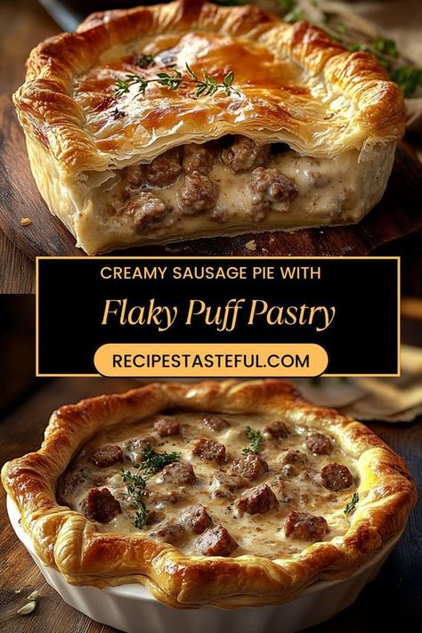 This savory Creamy Sausage Pie boasts a rich filling of seasoned sausage, onion, and spices, all wrapped in a flaky puff pastry crust. Perfect for a cozy dinner or any special occasion! Pie Crust Dinner, Puff Pastry Dinner, Puff Pastry Recipes Dinner, Puff Pastry Recipes Savory, Sausage Pie, Savory Puff Pastry, Savory Pies Recipes, Puff Pastry Crust, Brunch Inspiration