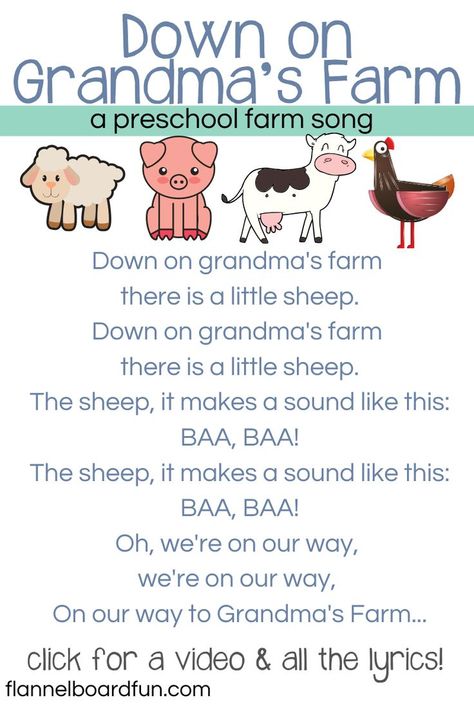 Cute new preschool farm song to use with a farm felt set!  Circle time fun, storytime joy :) Farm Storytime, Farm Animal Songs, Farm Songs, Youtube Inspiration, Preschool Farm, Farm Animals Preschool, Farm Lessons, Nursery Rhymes Lyrics, Farm Theme Preschool