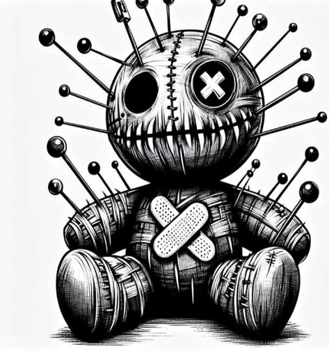 Creepy Horror Drawing, Voodoo Bear Tattoo, Matching Voodoo Doll Tattoo, Traditional Voodoo Doll Tattoo, Voodoo Tattoo New Orleans, Easy Goth Drawings, Voodoo Doll Drawing, Cute Voodoo Doll, Voodoo Doll Tattoo