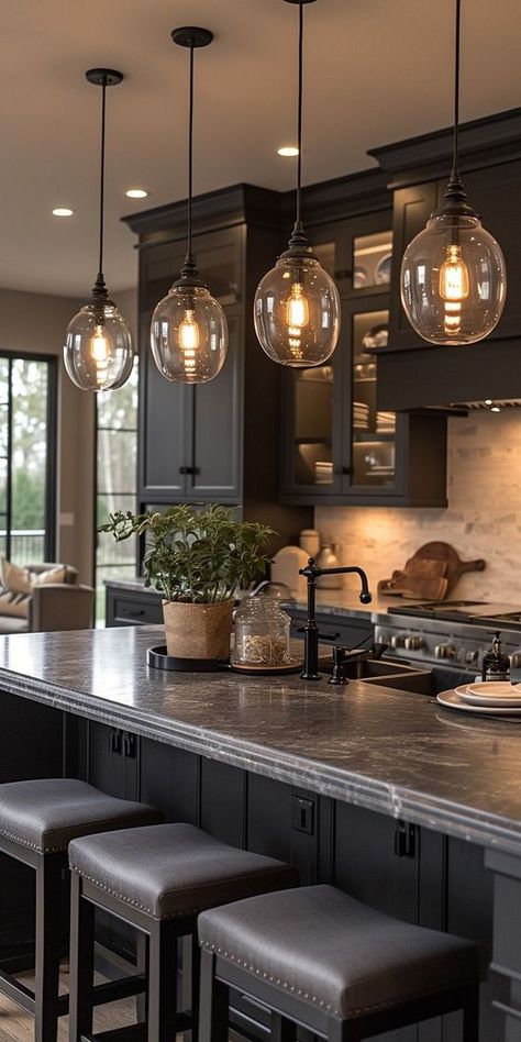 Emslifeandloves Kitchens With Black Islands, Modern Gothic Kitchen, Modern Kitchen Island, Dark Kitchen Cabinets, Kitchen Room Design, Kitchen Inspiration Design, Kitchen Redo, Kitchen Island Lighting, Trendy Kitchen