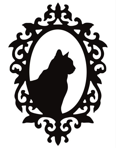 The black silhouette of a cat’s profile in a frame Cat Cameo Tattoo, Cat Side Profile Tattoo, Gothic Frame Tattoo, Cat Side Profile, Side Profile Silhouette, Cameo Tattoo, Victorian Tattoo, Cat Side, Victorian Cat