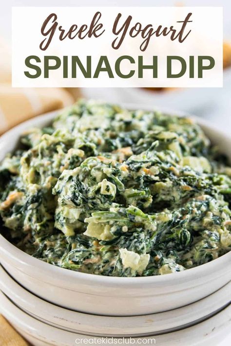 Greek Yogurt Spinach Dip is the best hot dip recipe around! This healthier version uses less mayo combined with greek yogurt to add creaminess with less fat and calories. It's still packed with flavor your guests will love! #spinachdiprecipe #healthierspinachdip #greekyogurtrecipes #spinachdip #createkidsclub Spinach Greek Yogurt Dip, Vegan Yogurt Dip, Greek Yogurt Spinach Dip, Vegetable Dip With Greek Yogurt, Green Yogurt Recipes, Savory Yogurt Recipes, Greek Yogurt Uses, Gluten Free Spinach Dip, Best Hot Dip