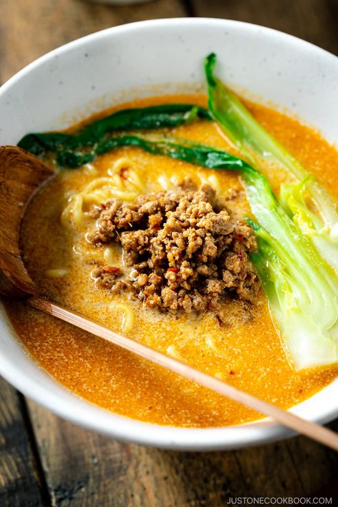 Made with sesame paste, ground pork, chicken stock, and soy milk, this Tan Tan Ramen (Tantanmen) is a rich and flavorful noodle soup topped with ground pork mixture and bok choy. #tantanramen #ramen #tantanmen | Easy Japanese Recipes at JustOneCookbook.com Udon Noodle Stir Fry, Japanese Sticky Rice, Tan Tan Ramen, Japanese Rice Dishes, Fresh Ramen Noodles, Ramen Ingredients, Ramen Toppings, Ramen Broth, Pork Ramen