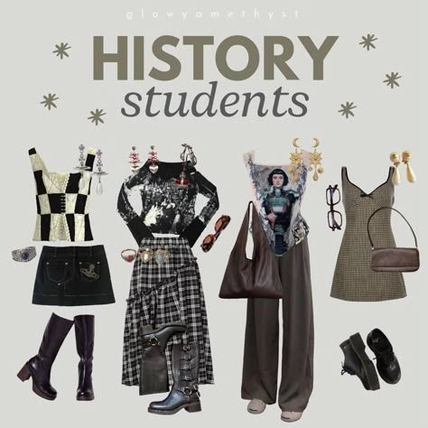 💫 university students part 3 🌟 • comment your major! (ill only consider it if you follow me tho) • fc: 118k date: october 11th • tags: #glowyamethyst #moodboard #moodboards #history #economics #teaching #medicine History Aesthetic Outfit, Majors As Outfits, Nerdy Aesthetic Outfits, Learning Fashion, College Major, Vivienne Westwood Fashion, Character Mood Boards, Nerd Outfits, Ideas For Learning