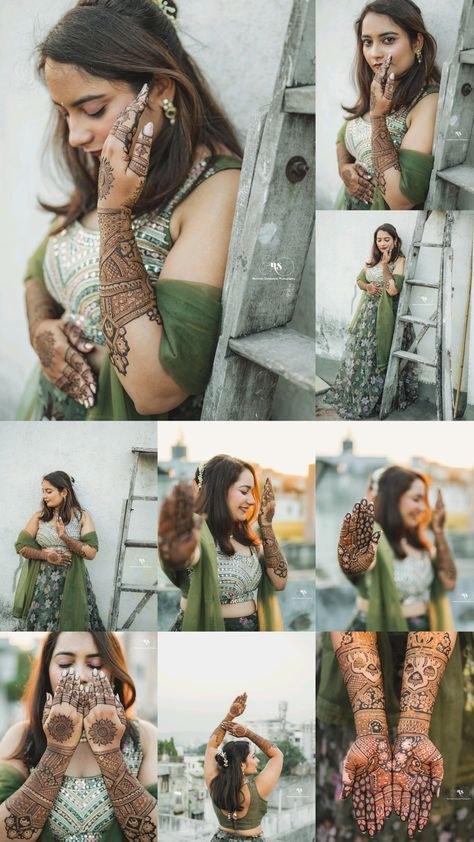 Indian Mehndi Photoshoot, Mehndi Showing Pose, Pose Ideas For Wedding, Mehndi Shoot Bride, Wedding Mehndi Photography, Mehendi Poses Bride, Poses For Mehendi, Wedding Pose For Bride, Mahedi Pic