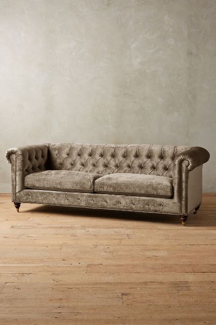 Slub Velvet Lyre Chesterfield Collection, Hickory #anthrofave Chesterfield Sofa Cushions, Green Chesterfield Sofa, Chesterfield Couch, Sofa Chester, Tufted Chesterfield Sofa, Petite Sofa, Button Tufted Sofa, Settee Couch, Sectional Couches