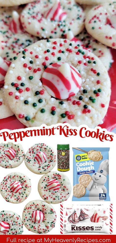 Peppermint Kiss Cookies Recipe- peppermint kiss blossoms, sugar cookies fun christmas colors. Cookie exchange idea. Easy and tasty! 3 ingredient christmas cookies. Xmas holiday treats. Peppermint Kiss Cookies, Kiss Cookies Recipe, Kiss Cookie Recipe, Raw Cookie Dough, Kiss Cookies, Christmas Cookie Exchange, Peppermint Cookies, Cookie Frosting, Cookie Exchange