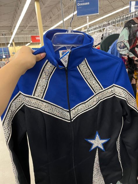 Blue sparkly cheerleading jacket with a star embroidered on Competitive Cheer Aesthetic, Cheerleader Jacket, Cheerleading Signs, Cheer Jackets, Competitive Cheerleading, Cheer Aesthetic, Cheer Captain, Cheer Uniforms, Cheerleading Pictures