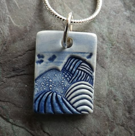 Tiny ceramic Mountains pendant in blue and white - Folksy Tiny Landscape, Ceramic Bead Jewelry, Handmade Ceramic Jewelry, West Wales, Cerámica Ideas, Pottery Handbuilding, Keramik Design, Landscape Designs, Ceramic Necklace