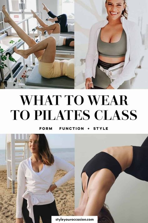 What do you wear to pilates? Here’s a simple and comprehensive guide for what to wear to pilates class and why! Find great outfit inspiration for women and tips and tricks so you are comfortable in your clothes and have great style at the same time! Chic Pilates Outfit, Summer Pilates Outfit, Pilates Outfit Summer, Pilates Class Outfit, Pilates Outfit Winter, Pilates Must Haves, Pilates Clothes Outfit, Pilates Instructor Outfit, Winter Pilates Outfit