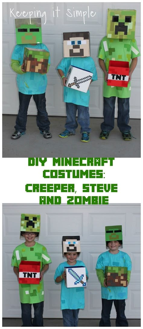 DIY Minecraft Costumes- Creeper, Steve and Zombie.  Tutorial on how to make them into a mask or a hat and with a treat box. Zombie Diy, Minecraft Blueprint, Creeper Costume, Last Minute Kostüm, Zombie Costumes, Costumes Faciles, Mobs Minecraft, Costume Zombie, Diy Costumes Kids Boys