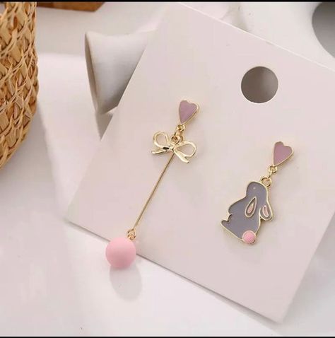 Bunny Heart Earrings Mismatch Earrings Korean Earrings | Etsy Rabbit Balloon, Earring Party, Flower Cute, Gold Bangle Set, Sweet Earrings, Korean Earrings, Kawaii Jewelry, Pink Rabbit, Fan Earrings