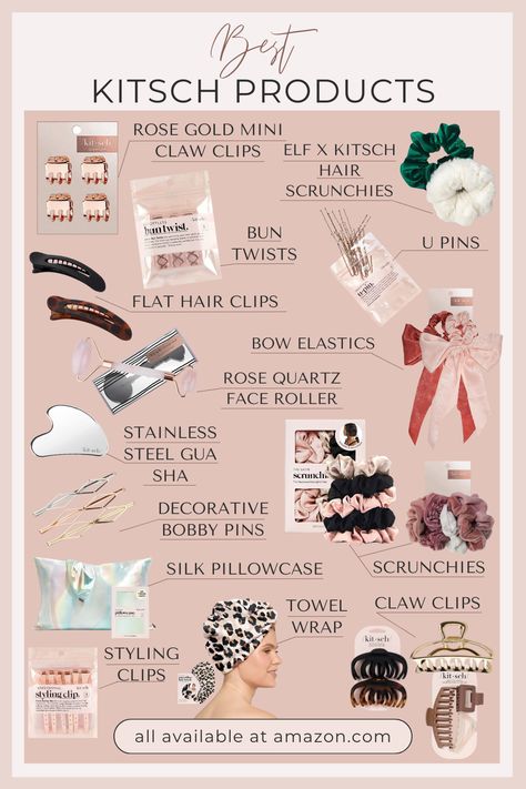 This is a fairly detailed list of my favorite Kitsch beauty, makeup, and hair products. I regularly use the claw clips and scrunchies - they are unique without being crazy and I like that. I also LOVE the hair towel, I always use this to dry my hair and it is great! I like U Pins more than typical bobby pins, I think because my hair is a bit thick. Affiliate Disclaimer: As an Amazon Associate I earn from qualifying purchases, at no extra cost to you. Do NOT wear claw clips in car - is dangerous! I Like U, Amazon Hair, Face Roller, Flat Hair, Towel Wrap, Claw Hair Clips, Hair Towel, Makeup And Hair, The Claw