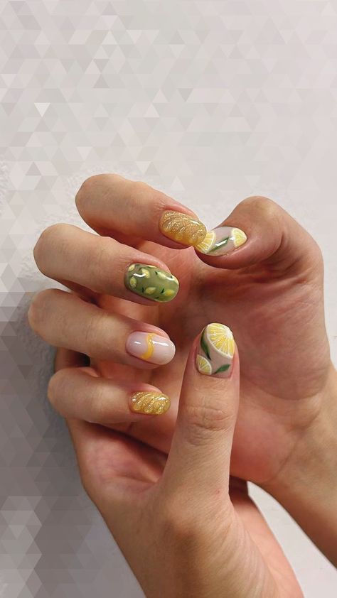 Summer nail design with lemons, Korean style Lemon Nail Art, Lemon Nails, Summer Nail, Nail Designs Summer, Nail Design, Summer Nails, Korean Fashion, Nail Designs, Lemon