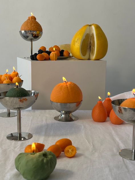 Dining in style with a fruity twist 🍊✨ Orange Table Decor, Lemon Candles, Tomato Candle, Orange Candles, Weird Candles, Fruit Candles, Egg Candle, Photography Settings, Lemon Candle