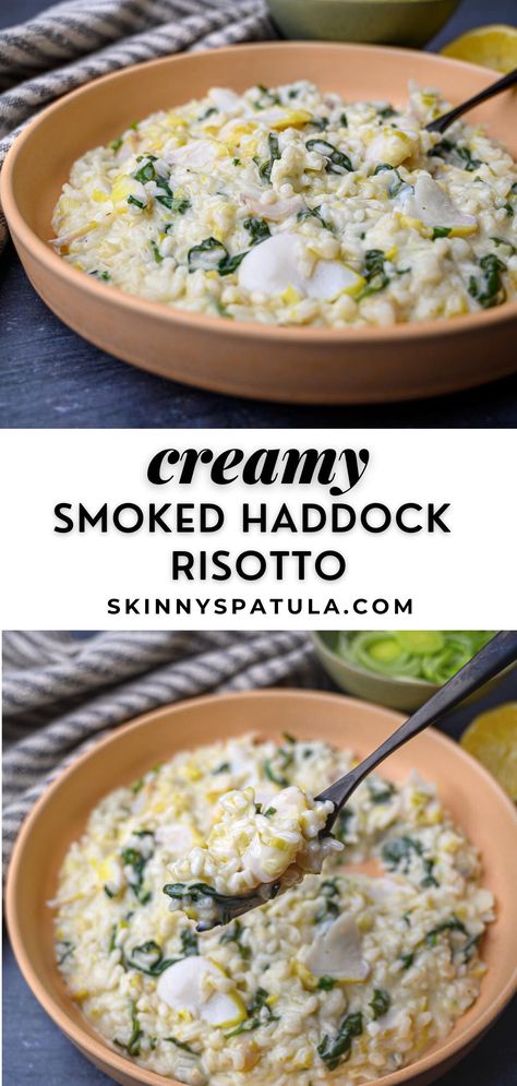 This easy smoked haddock risotto is a comforting dish that’s full of flavour and sure to delight all fish lovers. Smoked haddock, fresh leek and creme fraiche mix together to create a creamy fish risotto that’s ready in just 45 minutes. Fish Risotto, Smoked Haddock Risotto, Smoked Haddock Recipes, Smoked Fish Recipe, Fish Dishes Recipes, Creamy Fish, Haddock Recipes, Smoked Haddock, Risotto Dishes