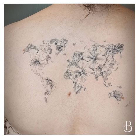 Map Monde, World Map Tattoos, Hibiscus Tattoo, Map Tattoos, Beautiful Flower Tattoos, Botanical Tattoo, Mandala Tattoo, Simplistic Tattoos, Flower Tattoos