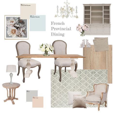 French Provincial Dining Room 1 Hamptons French Provincial Living Rooms, French Provincial Decor Dining, French Country Mood Board, Country Mood Board, Provincial Dining Room, French Provincial Interior Design, French Provincial Living Room, French Provincial Dining Room, Property Staging