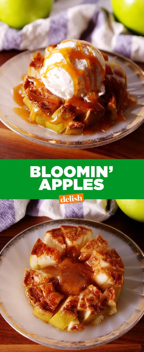 The caramel drizzle on these Bloomin' Apples will make you believe in love again. Get the recipe from Delish.com. Bloomin Apple Recipe, Blooming Apple Recipe, Bloomin Apples, Blooming Apple, Blooming Apples, Apple Dishes, Apple Recipe, Dessert Simple, Apple Dessert