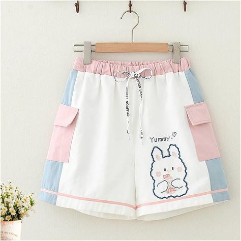 Kawaii Clothes Summer, Japanese Letters, Kawaii Shorts, Tshirt Knot, Style Kawaii, Cartoon Rabbit, Dress Design Sketches, Cute Pants, Rabbit Print