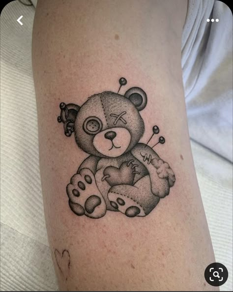 Teddy Tattoo, Evil Teddy Bear, Voodoo Doll Tattoo, Voodoo Tattoo, Teddy Bear Drawing, Red Heart Tattoos, Bear Tattoo Designs, Filigree Tattoo, Doll Tattoo