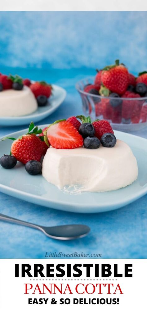 This beautiful and luxurious vanilla panna cotta recipe is so easy and made with just four simple ingredients. It’s ultra smooth and rich with a creamy vanilla taste. Such a delicious dessert! Panna Cotta Tart, Vanilla Panna Cotta, Gelatin Recipes, Panna Cotta Recipe, Mango Pudding, Italian Recipes Dessert, Make Ahead Desserts, Elegant Desserts, Refreshing Desserts