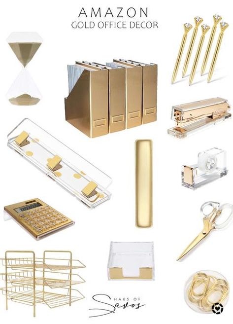 Black And Gold Office, White Gold Office, Gold Office Desk, Gold Home Office, Gold Office Accessories, Glam Office Decor, Gold Office Supplies, Gold Desk Accessories, Office Upgrade