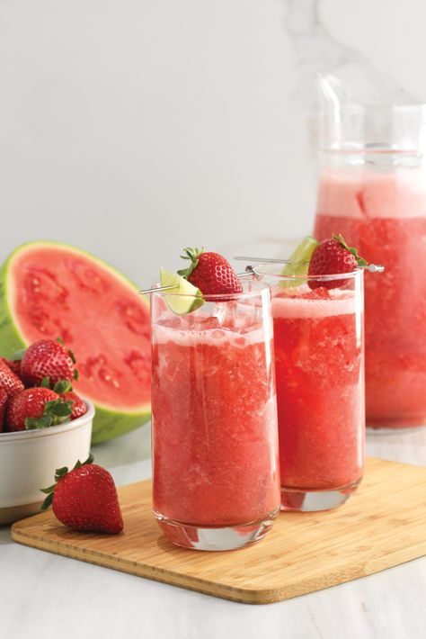 Cool and refreshing, agua fresca is sweetened fruit-flavored water. Our delicious version blends the flavors of summer with strawberries, watermelon, and a splash of lime. The perfect make-ahead drink, it's a simple family-friendly recipe! Watermelon Agua Fresca, Agua Fresca Recipe, Kid Friendly Drinks, Strawberry Lime, Agua Fresca, Flavored Water, Family Friendly Meals, Fruit Flavored, Summer Drinks