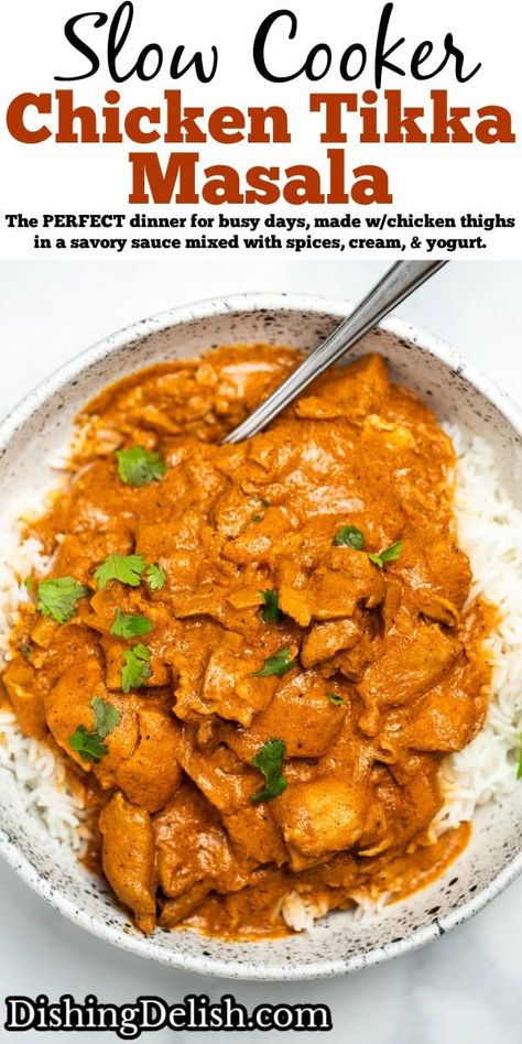 Slow Cooker Chicken Tikka Masala Slow Cooker Chicken Masala, Slow Cooker Tikka Masala Chicken, Crock Pot Tikka Masala Chicken, Tiki Masala Recipe Crock Pot, Crock Pot Chicken Tikka Masala, Slow Cooker Chicken Thighs Recipes, Crockpot Tikka Masala Chicken, Crockpot Tikka Masala, Gluten Free Chicken Recipes Easy