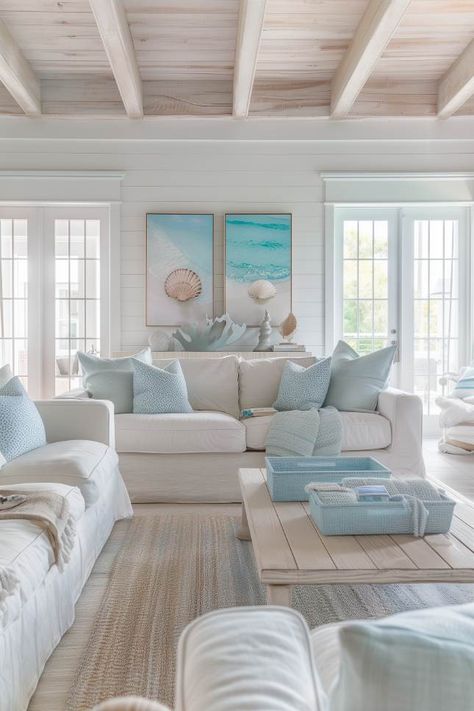 55 Summer Decor Ideas To Refresh Your Home This Season Modern Coastal Living Room, Small Cabin Interiors, Deco Marine, Coastal Aesthetic, Blue Cottage, Cabin Interiors, Coastal Living Rooms, Coastal Living Room, Cottage Living