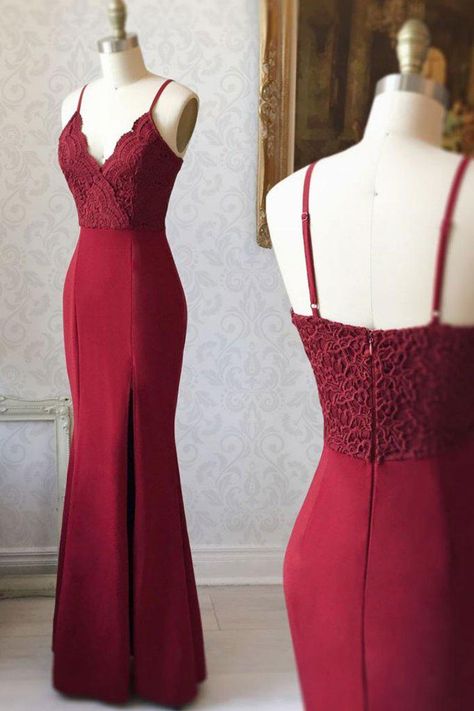 Burgundy Evening Dress, Cheap Prom Dresses Long, Mermaid Bridesmaid, Spaghetti Strap Prom Dress, Long Sleeve Prom, Mermaid Bridesmaid Dresses, Lace Prom Dress, Burgundy Lace, Lace Mermaid