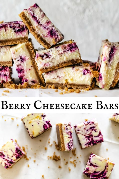 Cheesecake swirled with berries and cut into bars, stacked in a pile. Mixed Berry Cheesecake Bars, Cheesecake Recipes Berry, Cheesecake Cookie Bars Recipes, Fresh Berry Dessert Recipes, Cheesecake Recipes Bars, Elderberry Cheesecake, Berry Cheesecake Bars, Cheesecake Bars Recipes, Mixed Berry Cheesecake