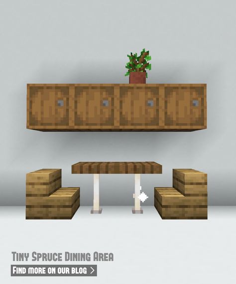 Minecraft Building Ideas Spruce, Cute Small Things To Add To Your Minecraft World, Small Things To Add To Minecraft World, Minecraft Crafting Area, Small Minecraft Kitchen, Dining Table Minecraft, Cute Small Minecraft Builds, Minecraft Shelf Ideas, Small Minecraft Builds