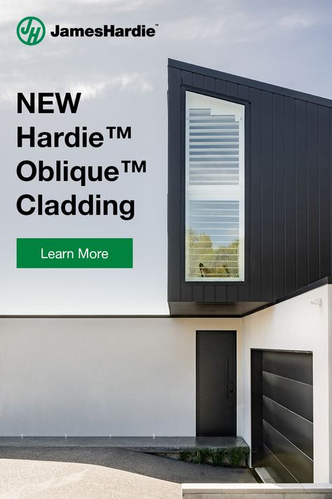 🏡 As the only Hardie™ exterior cladding to feature a slanted groove edge, vertically-installed Hardie™ Oblique™ Cladding creates bold lines and ever-shifting shadows that make a statement on the streetscape. Oblique Cladding, Retreat Ideas, James Hardie, Japanese Minimalism, Japandi Style, Exterior Cladding, Mountain Retreat, Contemporary House Design, Dream Home