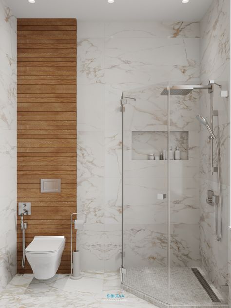 Wood and calacatta in modern bathroom Bathroom With Wood Tile Floor Interior Design, Small Bathroom Ideas White And Wood, Marble Wood Bathroom Ideas, Bathroom Tiles Trends 2024, Marble And Wood Bathroom Ideas, Calacatta Bathroom Ideas, Calacatta Tile Bathroom, Tile Combos For Bathroom, Marble Wood Bathroom