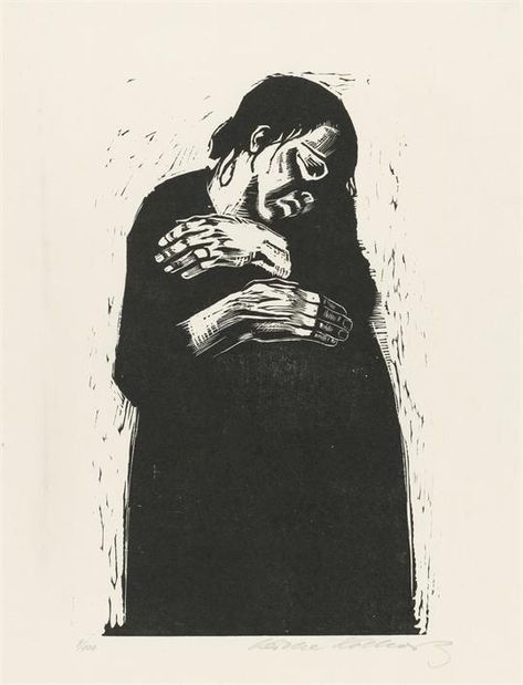 Käthe Kollwitz, The Widow I, sheet 4 of the series »War«, 1921/1922, woodcut, Kn 175 V b, Cologne Kollwitz Collection © Käthe Kollwitz Museum Köln Kathe Kollwitz, German Expressionism, Expressionist Art, Woodcuts Prints, A Level Art, Lithography, Female Artists, Linocut, Traditional Art