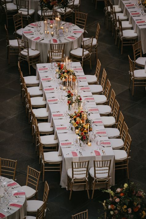 Long rectangular guest table with summer florals and candlesticks. PC: Tyler Boye Photography https://tylerboye.com/ One Long Table Wedding, Rectangular Table Decor Wedding, Rectangle Reception Tables Centerpieces, Rectangular Table Wedding Layout, Rectangle Tables Wedding Reception, Family Style Wedding Dinner Table, Long Table Wedding Centerpieces, Long Tables Wedding Reception, Rectangle Table Centerpieces Wedding