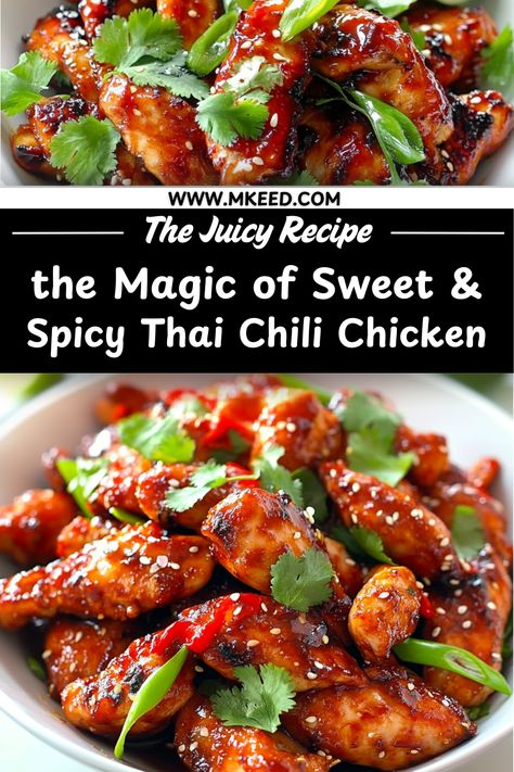 Experience the ultimate blend of flavors with this Sweet & Spicy Thai Chicken recipe! Featuring juicy chicken pieces coated in a glossy, sweet-spicy sauce made from Thai chili sauce, garlic, and honey, this dish is sure to become a household favorite. Ideal for any occasion, this recipe is versatile enough to be enjoyed over rice, noodles, or paired with fresh veggies. Get ready to impress your guests with this colorful, mouthwatering meal that packs a punch! Thai Chicken Recipe, Thai Chicken Recipes, Garlic And Honey, Bbq Grilling Recipes, Thai Chili Sauce, Bbq Recipes Grill, Thai Chili, Honey And Soy Sauce, Sweet And Spicy Sauce