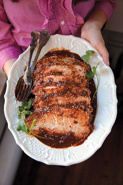 Turkey in Mole Poblano  Recipe - Saveur.com Mole Poblano, Rick Bayless, Mole Sauce, Bean Chili, Turkey Recipes Thanksgiving, Sliced Turkey, Savory Sauce, Savory Recipes, Mexican Food Recipes Authentic