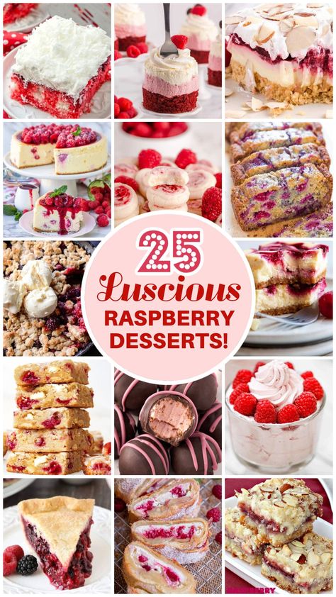 We've rounded up our favorite 25 Luscious Raspberry Desserts featuring luscious raspberries! Raspberries are bursting with so much sweet, tart and bold juicy flavor, how can we resist?! Super easy raspberry desserts that are perfect for quick valentine's day treats and valentine's day party food! Red Raspberry Dessert Recipes, Raspberry Filling Desserts, Christmas Raspberry Dessert, Raspberry Pudding Dessert, Simple Raspberry Desserts, Desserts With Fresh Raspberries, Raspberry Christmas Desserts, Easy Raspberry Desserts, Raspberry Recipes Easy